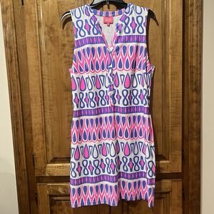 Britt By Britt Ryan Dress Sleeveless V Neck  Stretch Sheath Blue Pink Large‎